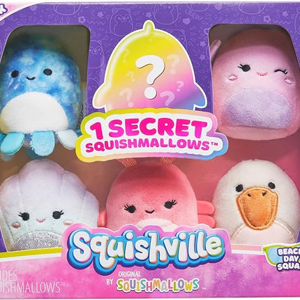 Squishville by Original Squishmallows Beach Day Squad Plush - Six 2-Inch Squishmallows Plush Including Mauricio, Deniz, Cosmina, Shauna, Chester, and a Surprise Squishmallow