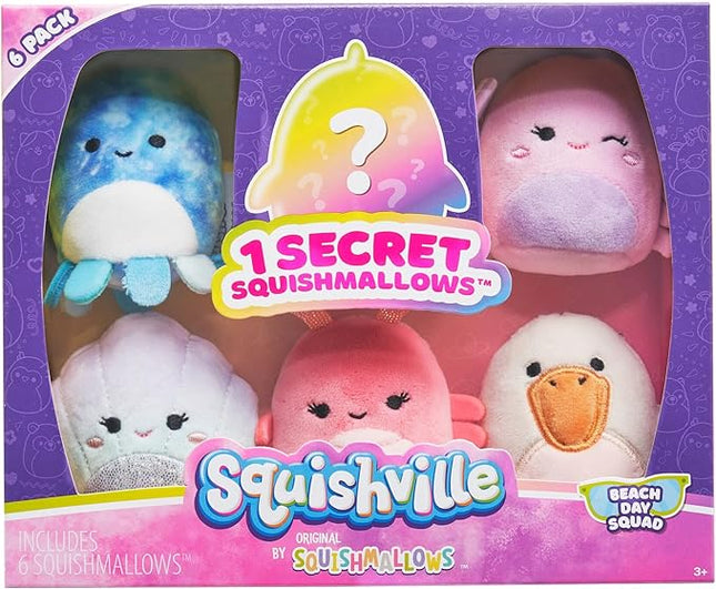 Squishville by Original Squishmallows Beach Day Squad Plush - Six 2-Inch Squishmallows Plush Including Mauricio, Deniz, Cosmina, Shauna, Chester, and a Surprise Squishmallow