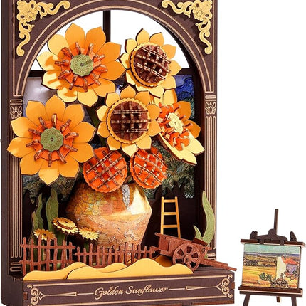 Wowood 3D Wooden Puzzles for Adults - Van Gogh Golden Sunflower DIY Model Building Kits with LED Light - Home Decor, Wall Art & Unique Creative Gifts for Art Lovers