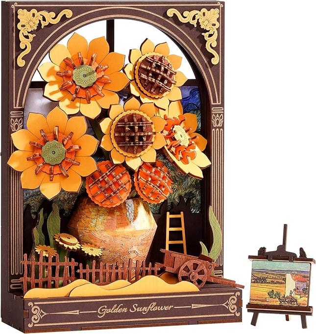 Wowood 3D Wooden Puzzles for Adults - Van Gogh Golden Sunflower DIY Model Building Kits with LED Light - Home Decor, Wall Art & Unique Creative Gifts for Art Lovers