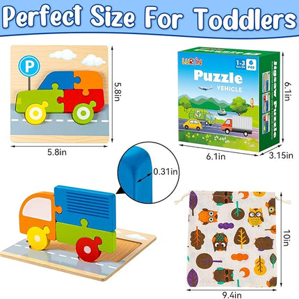 Wooden Vehicle Puzzles Toy Gift for 1, 2, 3 Years Old Boys Girls, Toddler Best Birthday Gift with 6 Vehicle Baby Montessori Color Shapes Learning Puzzles - Kids Educational Developmental Toys