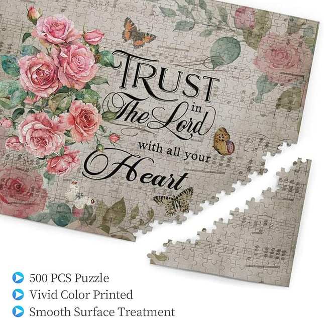 Christian Jigsaw Puzzles 500 Pieces for Adults, Trust in The Lord Bible Quote with Roses & Sheet Music, Religious Wooden Puzzle for Stress Relief, Faith-Based Gift & Wall Decor