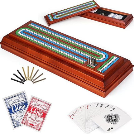 Wooden Cribbage Board Game Set with Large Storage Area, Solid Wood 3 Track Cribbage Board, 9 Metal Pegs, 2 Playing Cards and Instruction. Travel Family Game Night Travel Cribbage Sets for All Ages