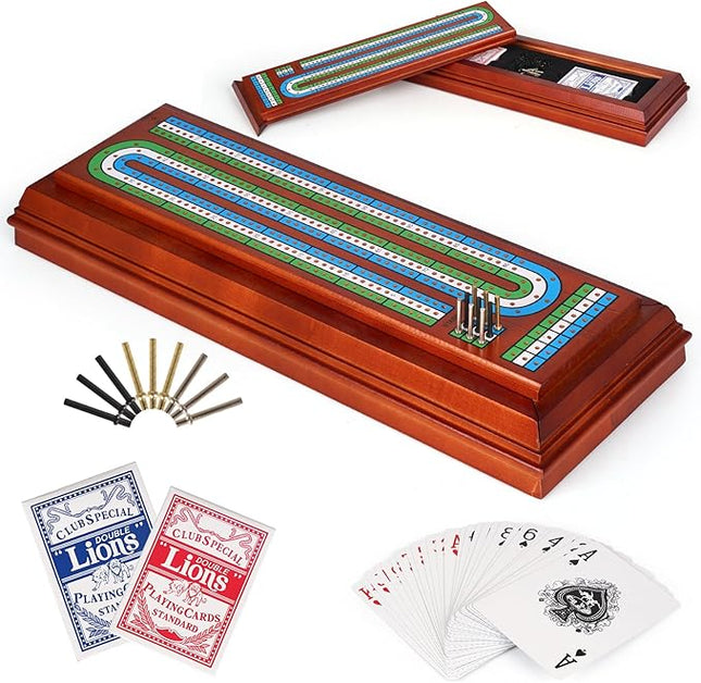 Wooden Cribbage Board Game Set with Large Storage Area, Solid Wood 3 Track Cribbage Board, 9 Metal Pegs, 2 Playing Cards and Instruction. Travel Family Game Night Travel Cribbage Sets for All Ages