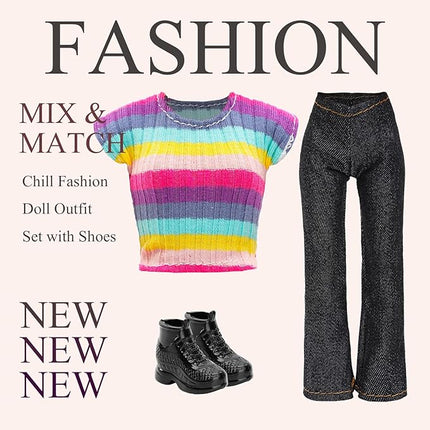 15 Pirces 11.5 Inch Girl Doll Clothes & Accessories Including 5 Colorful T-Shirt, 5 Denim Pants Jeans, 5 Pairs of Sneakers for Girl Dolls Casual Outfit Accessories