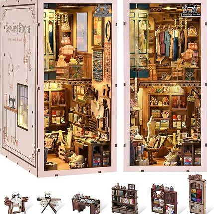 Book Nook Kit, DIY Miniature House Dollhouse Kit for Adults and Teens, 3D Wooden Puzzle Bookend Creative Bookshelf Insert Decor with LED Light, Gifts for Family, Friends (Sewing Room)
