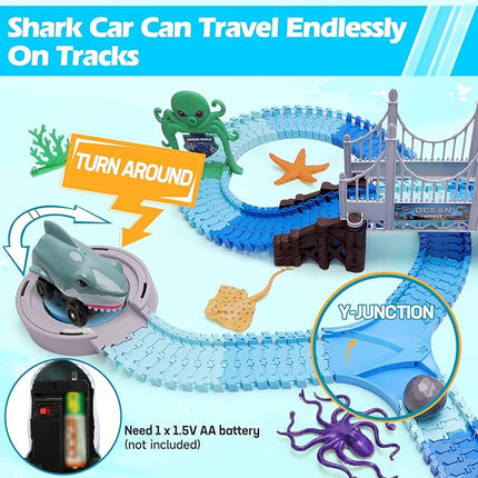 VATOS Track Toys 183 Pcs Shark Race Car Toys for Boys Girls 3 4 5 6 7 9 Year, Bendable Flexible Racetrack Cars with Shark & Ball, Ocean Theme Train Toys, STEM Educational Playset Birthday Gift