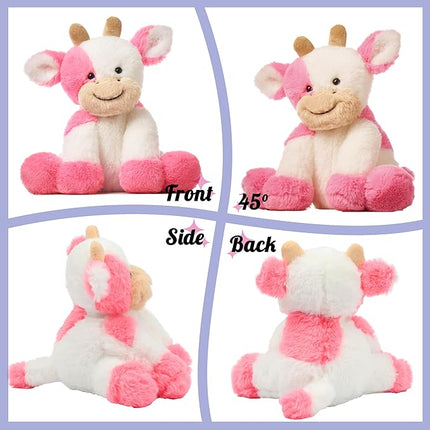 Hopearl Adorable Plush Cow Toy Floppy Dairy Cattle Soft Stuffed Animal Cute Birthday Gifts for Boys Girls Kids Toddlers, Strawberry Pink, 9''