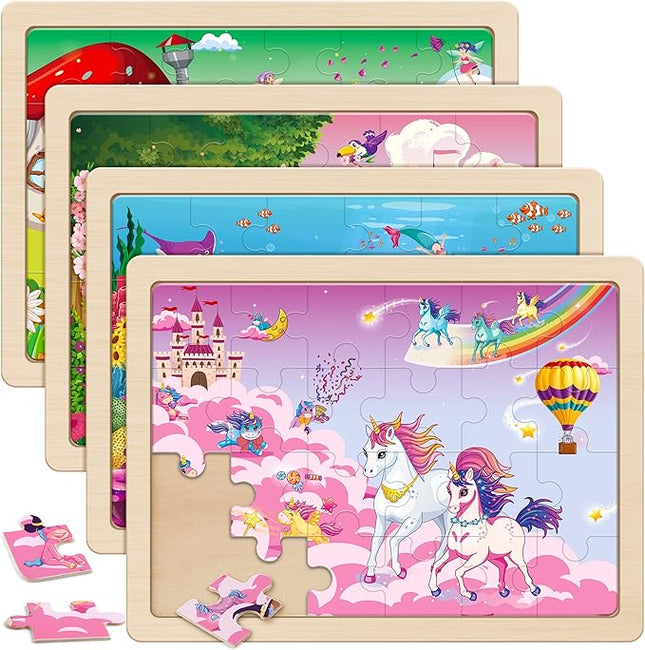 SYNARRY Large Unicorn Mermaid Princess Fairy Wooden Kids Puzzles 4 in 1 Gift Box(12.2 * 9.4 in) - FSC Certified, Wood Puzzles for Kids Ages 4-6, Toys Gifts for 3 4 5 Year Old Toddlers Girls