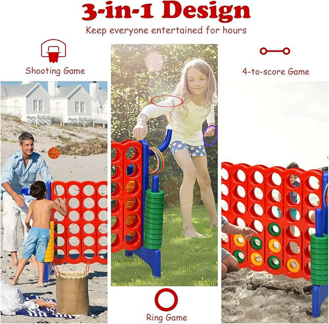 Costzon Giant 4-in-A-Row, Jumbo 4-to-Score Giant Game w/Basketball Hoop, Ring Toss, Quick-Release Slider, 42 Jumbo Rings, Indoor Outdoor Family Connect Game for Kids & Adults, Backyard Games, Blue