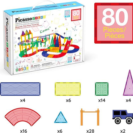 PicassoTiles 80pc Race Car Track Magnetic Tiles Building Block Educational Toy with 2 Light Up Cars Kids Toddler Toys Magnets Tile STEM Learning Construction Tracks for Fine Motor Skill Training PTR80