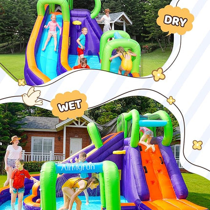 AirMyFun Water Bounce House Inflatable Bounce House for Kids with Blower. Family Backyard Bouncy Castle with Fun Doorway Tunnel, Climbing Wall, Long Safe Return Curved Slide and Ball Shooting