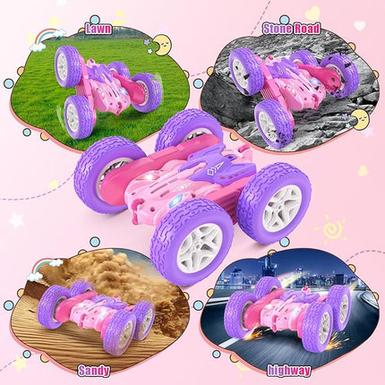 Remote Control Cars for Girls, 2.4GHz RC Stunt Car with 360° Flips & Double Sided Driving, Changeable Wheels, LED Headlights, Birthday Gift for 5-12 Year Old Girls (Pink)