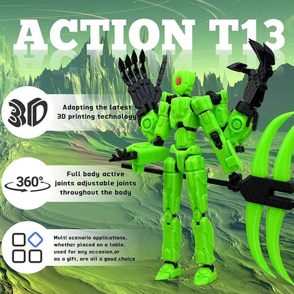 5.5Inch T13 Action Figure Assembly Completed, T13 3D Printed Action Figure Multi-Jointed Movable Robot Set,Collectors Desktop Decorations for Game Lovers Toys (Green)