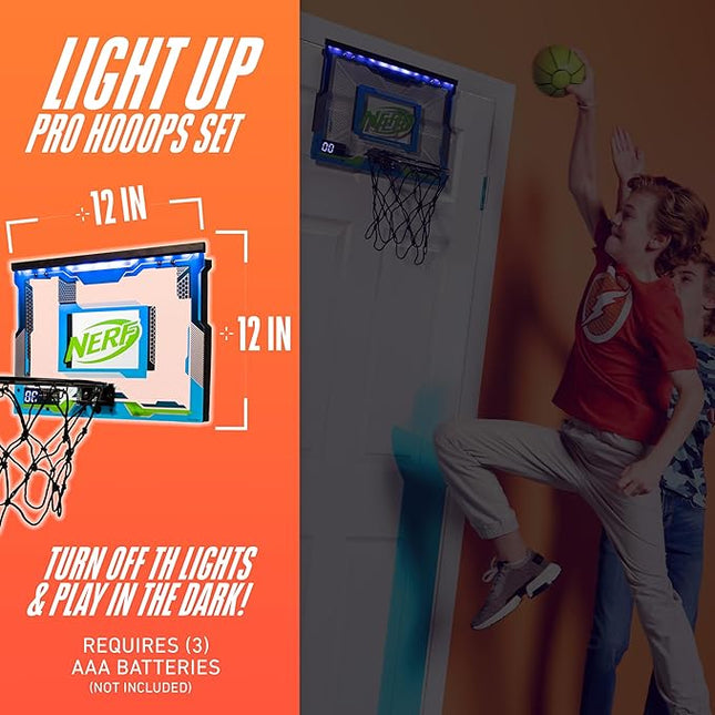 NERF LED Over The Door Mini Basketball Hoop - Light Up Indoor Kids Basketball Hoop - Electronic Slam Dunk Set with Mini Ball - Door + Bedroom Toy for Kids