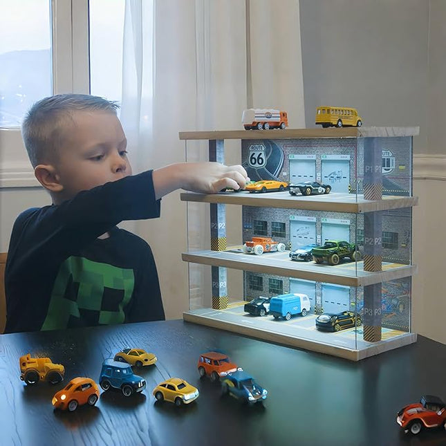 Storage for Hot Wheels: Toy Car Parking Garage Diorama with Lights - Freestanding Display Case for 1/64 Scale Diecast Cars with 4 Levels 24 Spots Maximum 40 Cars