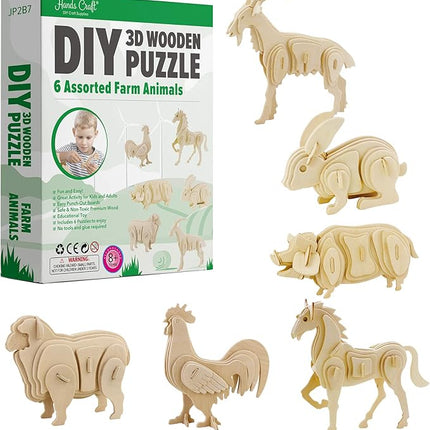 Hands Craft DIY 3D Wooden Puzzle – 6 Assorted Farm Animals Bundle Pack Set Brain Teaser Puzzles Educational STEM Toy Adults and Kids to Build Safe and Non-Toxic Easy Punch Out Premium Wood JP2B7
