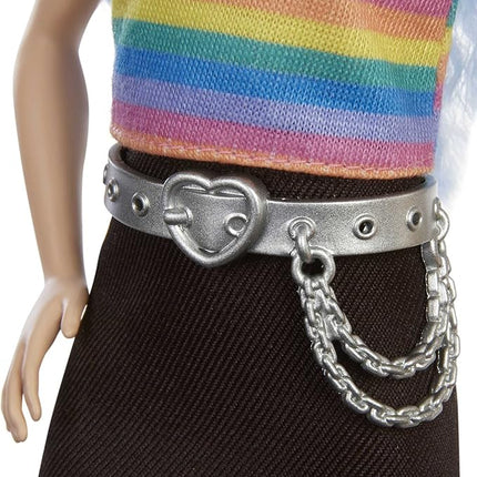 Barbie Fashionistas Doll with Long Blue Crimped Hair, Star Face Makeup, Multi-Color Striped Tee, Denim Skirt, Black Boots & Silvery Chain Belt, Toy for Kids 3 to 8 Years Old