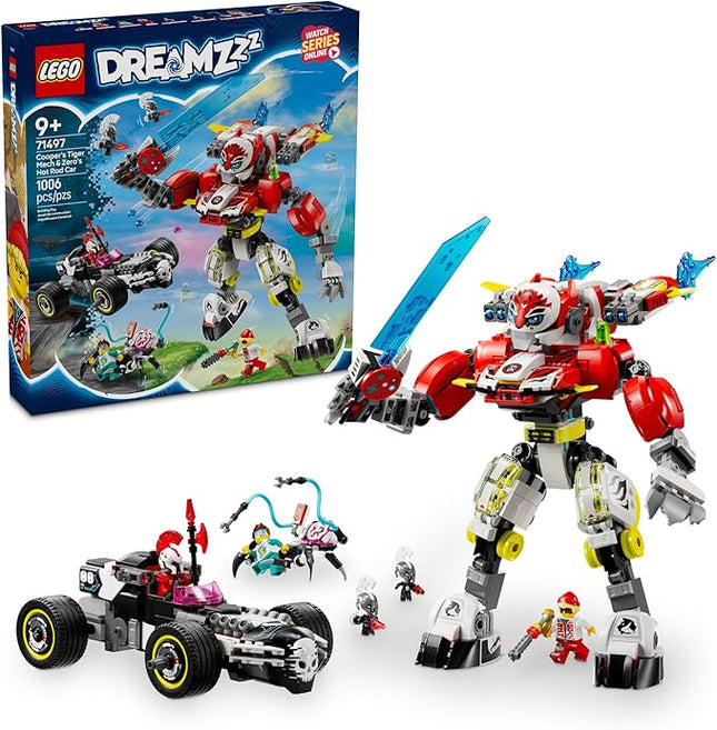 LEGO DREAMZzz Cooper's Tiger Mech & Zero's Hot Rod Car Toy - Building Robot Toy for Kids, Boys and Girls, Ages 9+ - Building Kit for Pretend Play - Gift Idea for Birthdays - 71497