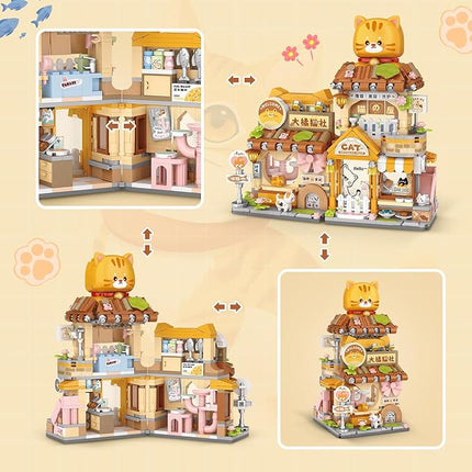 Street View Cute Cat Shop Mini Building Blocks, MOC Creative Building Toys Cute Animals Building Set for Girls 6-12, Simulation Architecture Construction Toy, Gift Idea for Kids Adults (917 PCS)
