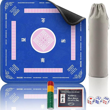 Mahjong Mat for Table - Non-Slip Foldable Felt Mat with Dice, Poker Chips & 4xRule Guides - Portable Mah Jongg Mat Playing for Chinese & American Mahjong/Poker/Board/Card Games/Dominoes