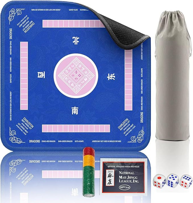 Mahjong Mat for Table - Non-Slip Foldable Felt Mat with Dice, Poker Chips & 4xRule Guides - Portable Mah Jongg Mat Playing for Chinese & American Mahjong/Poker/Board/Card Games/Dominoes