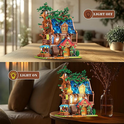 Reobrix Medieval Tree House Lighting Building Block Set, Collectible Architecture Display or Home Office Decor, European Creative Construction Building Kits 66008, Gifts for Adults, Teens 14+