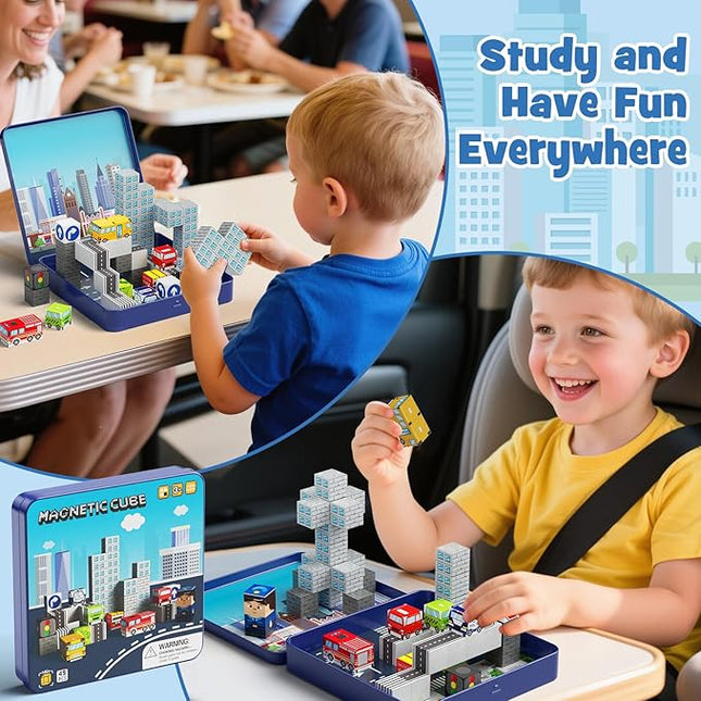 City Traffic Magnetic Blocks Set,Child-Safe STEM Toys with Fully Encased Magnets Non-Toxic & Choking-Proof Travel Learning Gift for Ages 3-8 Car/Airplane Toddler Toy Birthday (49 PCS)