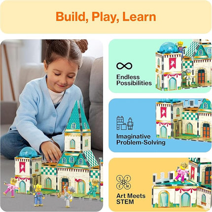 PicassoTiles 70pc Middle Age Medieval and Castle Theme Tile 2in1 8 Character Action Figures Magnet Tiles Building Block Pretend Magnetic Play Fine Motor Skill STEM Educational Construction Age3+ PTQ01