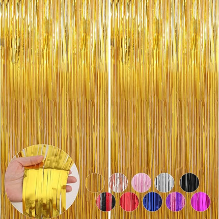2 Pack Gold Foil Fringe Curtains Streamers Party Decorations 3.3 x 8.2 ft, Gold Tinsel Curtain Fringe Backdrop for Parties, Door Fringe Birthday Streamers, Photo Booth Backdrops, Party Decor