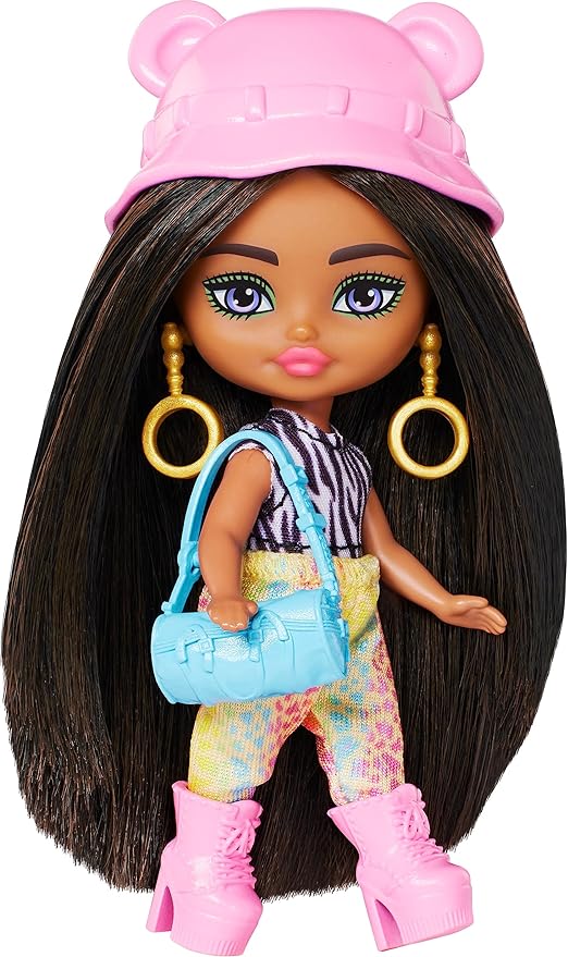 Barbie Extra Mini Minis Travel Doll with Brunette Hair, Zebra-Print Hoodie, Leopard-Print Joggers & Safari Accessories, 3.25-inch
