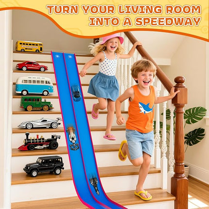 15 Ft Flexible Race Track for Kids – Portable Car Race Track Starter Set with Suction Cups, Rolls Up Easy, Compatible with 1/64 Diecast Cars, Birthday Gift for Boys & Girls Ages 3+ (Blue&Red)