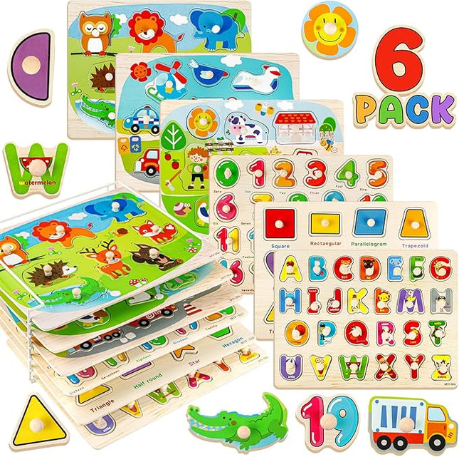 6 Pack Wooden Puzzles for Toddlers, Peg Toddler Puzzles Include Alphabet Number Shape Animals Vehicle Farm Puzzles with Storage Rack Preschool Educational Learning Toys for 3 4 5 Boys Girls