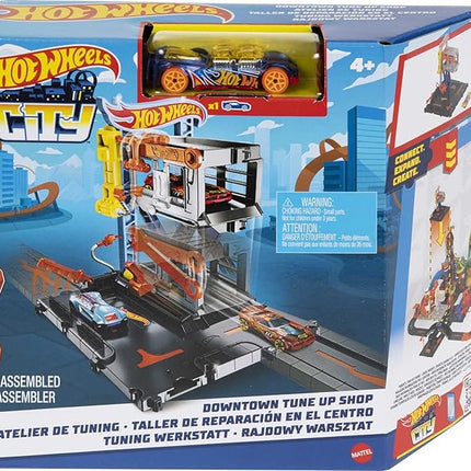 Hot Wheels City Toy Car Track Set Downtown Repair Station Playset with 1:64 Scale Vehicle, Working Lift & Launcher
