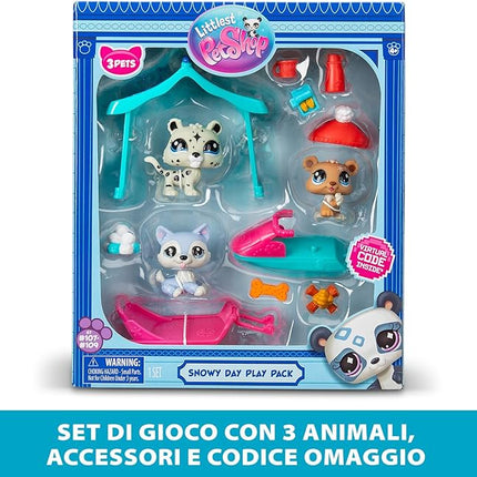 BANDAI Littlest Pet Shop Snow Day Set BF00534 Includes 3 Pets, 3 Accessories, 1 Collector Card, 1 Virtual Code, 1 Snowmobile, 1 Sled, Generation 7 (#107, #108, #109),4 Years+