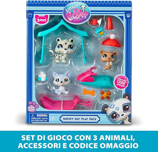 BANDAI Littlest Pet Shop Snow Day Set BF00534 Includes 3 Pets, 3 Accessories, 1 Collector Card, 1 Virtual Code, 1 Snowmobile, 1 Sled, Generation 7 (#107, #108, #109),4 Years+