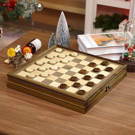 Peradix Magnetic Chess Checkers Board Sets with 2 Built-in Storage Drawers,12.8" Classic 2 in 1 Wooden Games with 2 Extra Queens for Kids and Adults,Travel Portable Chess Game Set