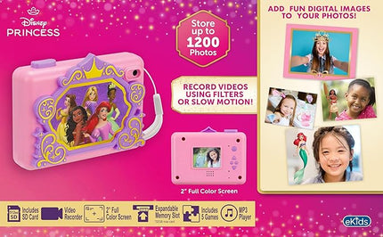 ekids Disney Princess Kids Camera with SD Card, Digital Camera for Kids with Video Recording and Built-in Digital Stickers for Fans of Princess Toys