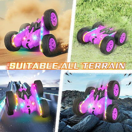 Remote Control Car, Rc Cars Stunt RC Car Toys New Upgraded Strip Lights and Headlights Girl Toys Double-Sided 360° Rotating 4WD Drift Truck for Boys Girls Birthday Gift (Purple)