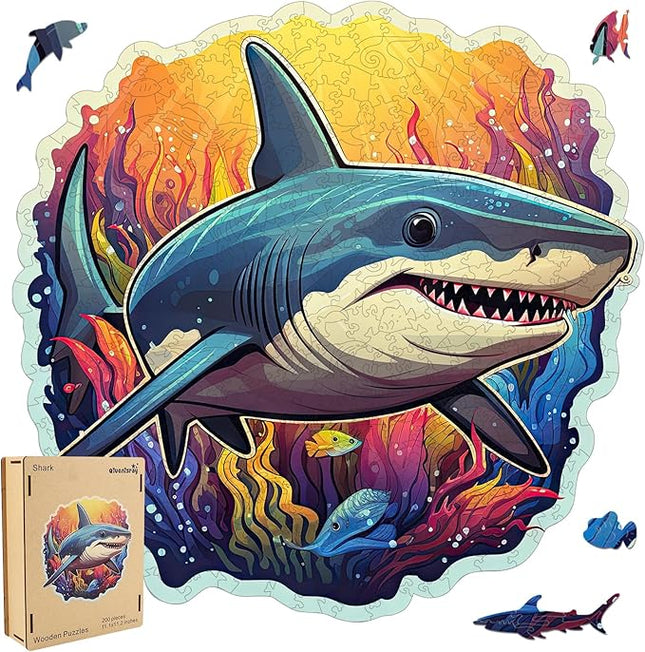 Wooden Puzzles for Adults, Shark Ocean Jigsaw Puzzles 200 Pieces Unique Shape Adult Puzzles, Irregular Wood Puzzles Creative Gift for Adults Family Game(11.1x11.2in)