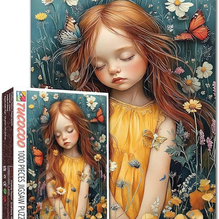 Girl Flowers Jigsaw Puzzle Girl with Colorful Butterflies 1000 Piece Jigsaw Puzzles for Adults Challenging Family Activity Game DIY Puzzle Home Decor 20 x 27 Inch