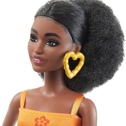 Barbie Fashionistas Doll #198, Petite with Curly Black Hair, Retro Floral Clothes & Accessories Including Platform Sandals & Earrings