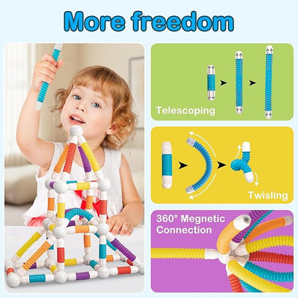 Magnetic Building Blocks Construction Set, 66 Pieces, Educational STEM Toy with Flexible Tubes and Connectors (66PCS)