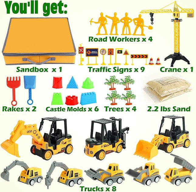 Sand Construction Kit with Big Foldable Sandbox and 2.2lbs Magic Sand, Truck Toys Including Castle Molds and Other Accessories - 36Pc Set for Kids 3+