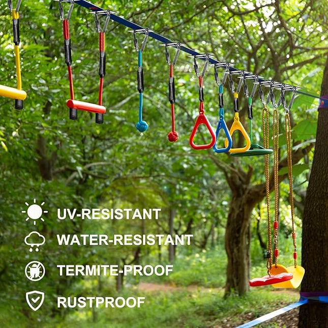 Ninja Warrior Obstacle Course for Kids Backyard,Fast-Setup Buckles—Up to 880 lbs,2x65ft Slack Lines with 13 Ninja Accessories-Swing Seat,Disc Swing,Ninja Wheel,Rope Ladder,Ninja Ring,Arm Trainer