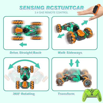 RC Gesture Sensing Stunt Car, 360° Rotating 4WD Remote Control Transform Remote & Hand Car, Remote & Hand, Double-Sided Driving with Lights & Music,Birthday Drift Toy Gift for Kids Age 7 8 10 12 Year