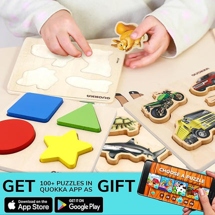 QUOKKA Toddler Puzzles Ages 2-4 – Wooden Puzzles for Kids 1-3-5 Year Old – Learning Travel Game with Numbers Animals Shapes – Wood Educational Gift for Boys and Girls