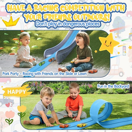 15 Ft Cobalt Blue Flexible Race Car Track,Two-Lane Flex Race Track， Sucion Cups, Compatible with Hot Wheels, Matchbox, Diecast 1/50th Toy Cars (Sky Blue)