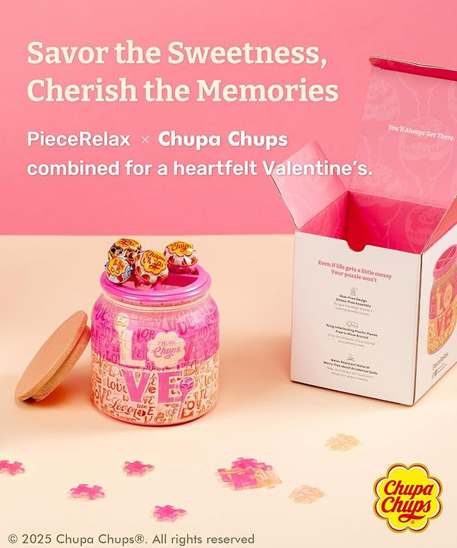 Chupa Chups X PieceRelax 3D Puzzle Jar 96 Plastic Pieces for Adults - Sweet Days - Full of Love Use Includes Divider as Pen and Utensils Holder with Wooden Lid for Kitchen Dining Study [BB1045]