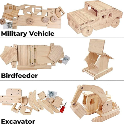 Kraftic Woodworking Building Kit for Kids and Adults, 3 Educational DIY Carpentry Construction Wood Model Kit STEM Toy Projects for Boys and Girls - Wooden Military Vehicle, Excavator and Bird-Feeder